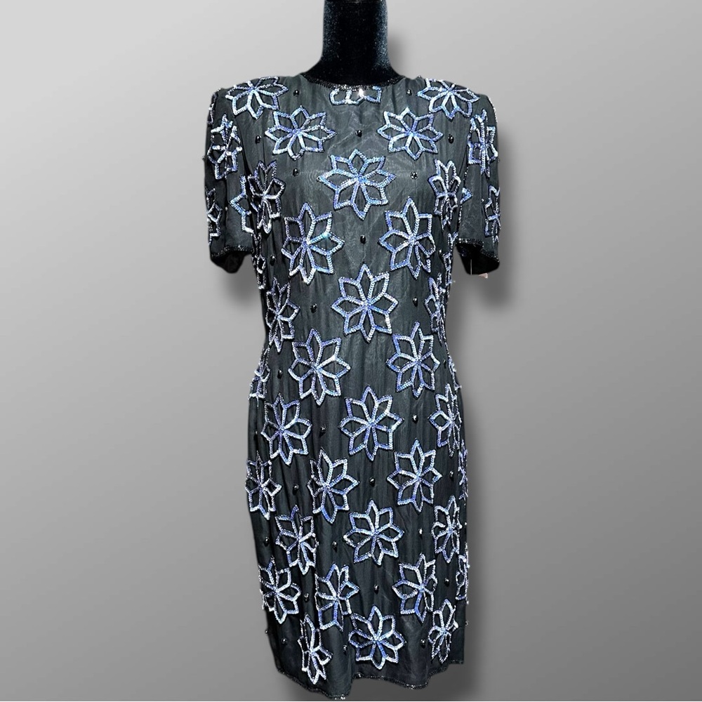 Adrianna Papell Vintage Black Dress Beaded Sequin Floral Christmas NYE Sz 14